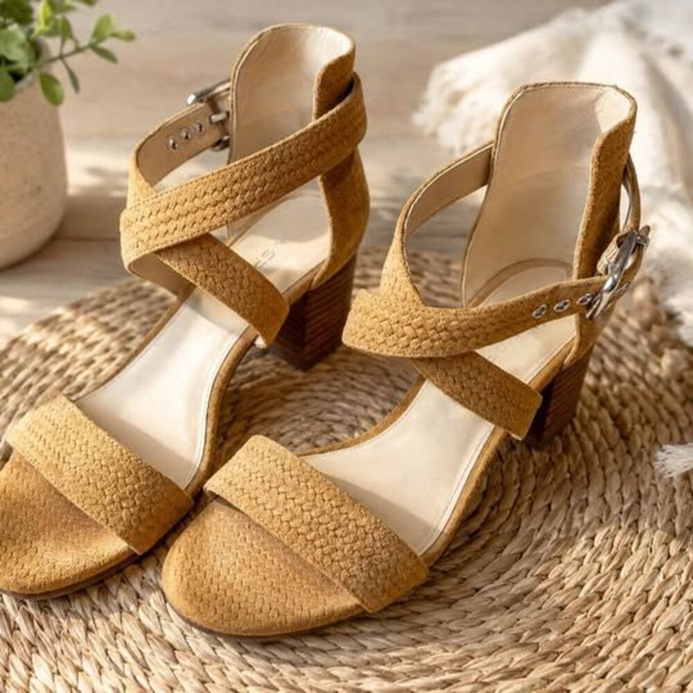 Via Spiga Mustard Yellow Suede Block Heel Sandals